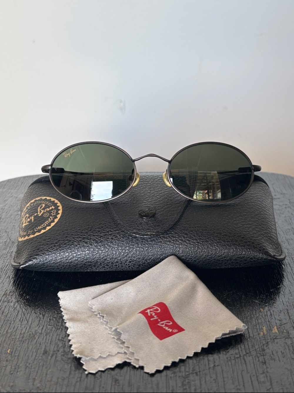 Vintage B&L Ray-Ban Black Metal Oval Sunglasses with Green Lenses